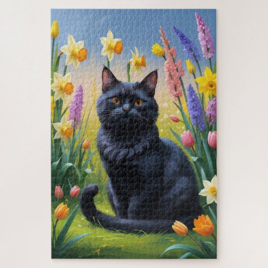 Zwarte kat lente bloemen schilderen legpuzzel (Verticaal)