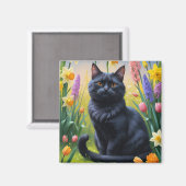 Zwarte kat lente bloemen schilderen magneet (Voorkant / Achterkant)
