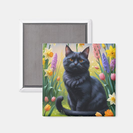 Zwarte kat lente bloemen schilderen magneet (Voorkant / Achterkant)
