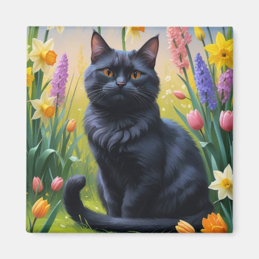 Zwarte kat lente bloemen schilderen magneet (Voorkant)