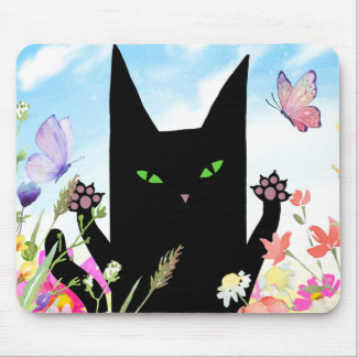Zwarte Kat Lente Koorts: Kitty en Bloemen Muismat