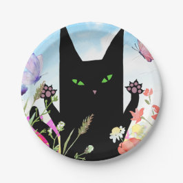 Zwarte Kat Lente Koorts:  Kitty en Bloemen Papieren Bordje