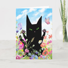 Zwarte Kat Lente Wenskaart:  Katje en Bloemen Kaart