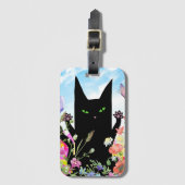 Zwarte Kat Lentekoorts: Kitten en Bloemen Bagagelabel (Voorkant (verticaal))