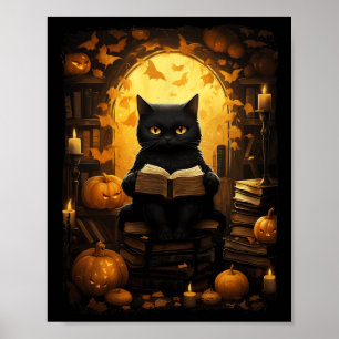 Zwarte kat lezen boeken pompoen herfst leraren ha poster