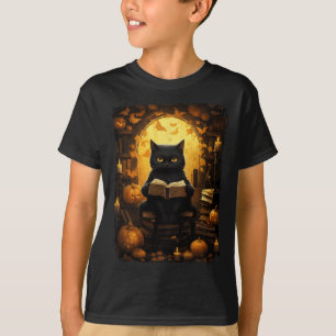 Zwarte kat lezen boeken pompoen herfst leraren ha t-shirt