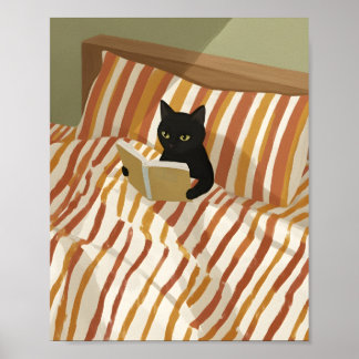 Zwarte Kat Lezend in Bed | Vredige Slaapkamer | Ka Poster