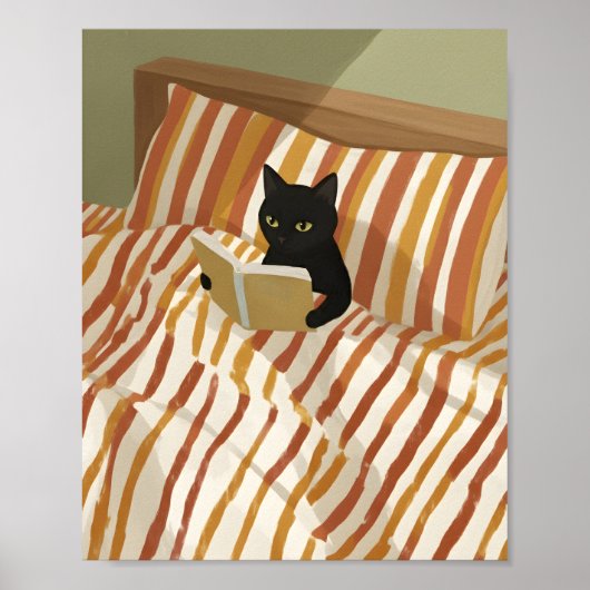 Zwarte Kat Lezend in Bed | Vredige Slaapkamer | Ka Poster (Voorkant)