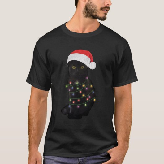 Zwarte kat licht grappige kat minnaar voor Kerstmi T-shirt (Voorkant)