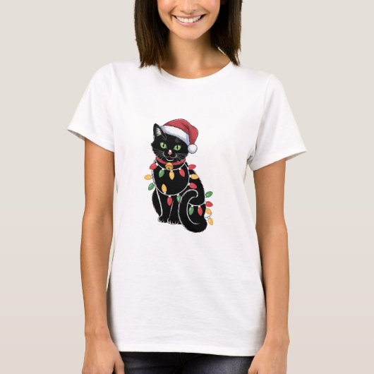 Zwarte Kat Liefhebber Kerst Kitten Cadeau Kat Moed T-shirt (Voorkant)