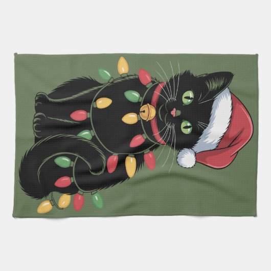 Zwarte Kat Liefhebber Kerst Kitten Cadeau Kat Moed Theedoek (Horizontaal)