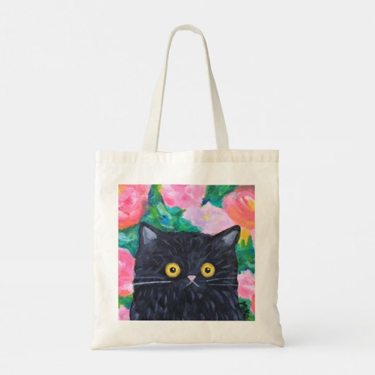 Zwarte Kat Liefhebber Schattigee Bloemen Kat Folk  Tote Bag (Achterkant)