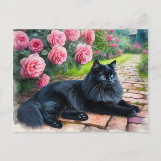 Zwarte Kat Liggend bij Roze Pioenrozen Dierenliefh Briefkaart