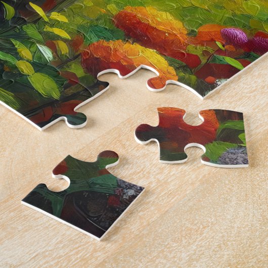 Zwarte kat loungen in de lente tuin schilderij legpuzzel (Zijkant)