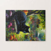 Zwarte kat loungen in de lente tuin schilderij legpuzzel (Horizontaal)