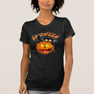 Zwarte Kat Maan Halloween Pompoen T-shirt
