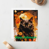 Zwarte kat maan magische bloemen notitiekaartje (Voorkant / Achterkant in situ)