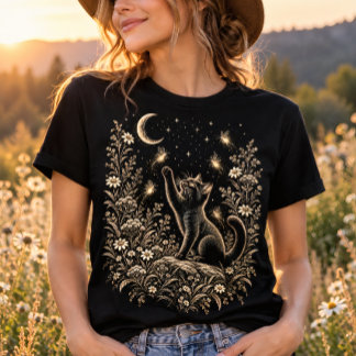 Zwarte Kat Maansverlichte Vuurvlieg Tuin T-shirt