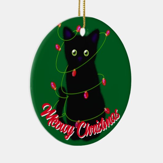 Zwarte kat Meowy Kerst rode twinkle lichten Keramisch Ornament (Rechts)