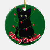 Zwarte kat Meowy Kerst rode twinkle lichten Keramisch Ornament (Voorkant)