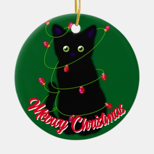 Zwarte kat Meowy Kerst rode twinkle lichten Keramisch Ornament (Voorkant)