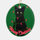 Zwarte kat Meowy Kerst rode twinkle lichten Keramisch Ornament (Links)