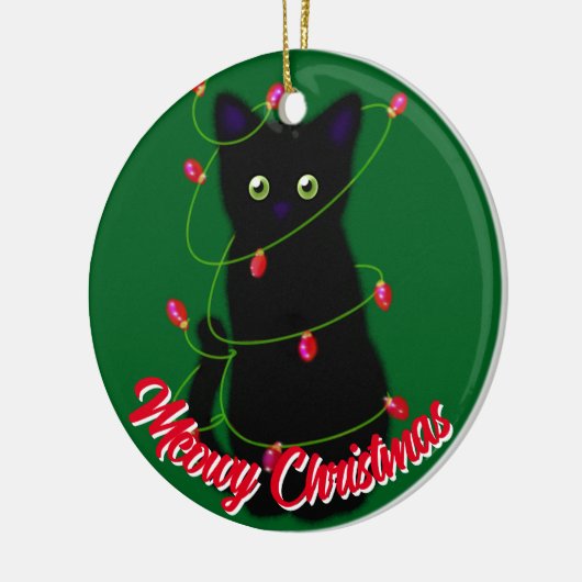 Zwarte kat Meowy Kerst rode twinkle lichten Keramisch Ornament (Links)