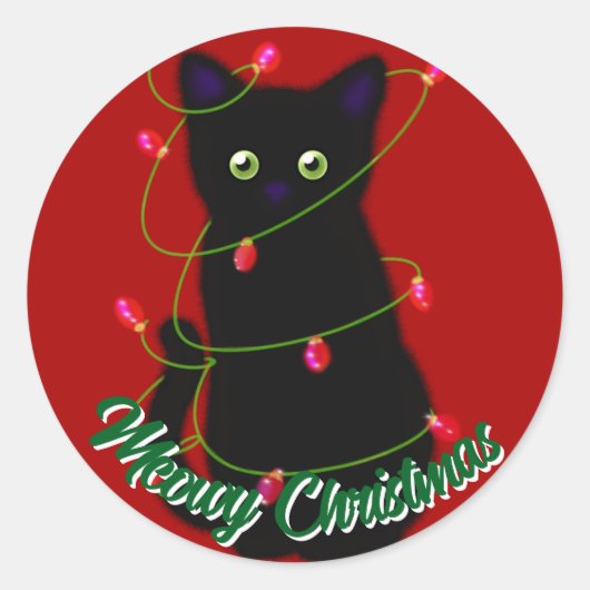 Zwarte kat Meowy Kerst rode twinkle lichten Ronde Sticker (Voorkant)