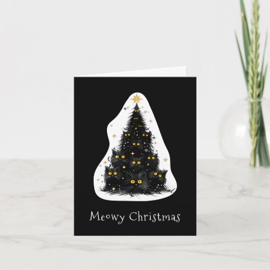 Zwarte kat Meowy kerstboom Feestdagen Kaart (Voorkant)