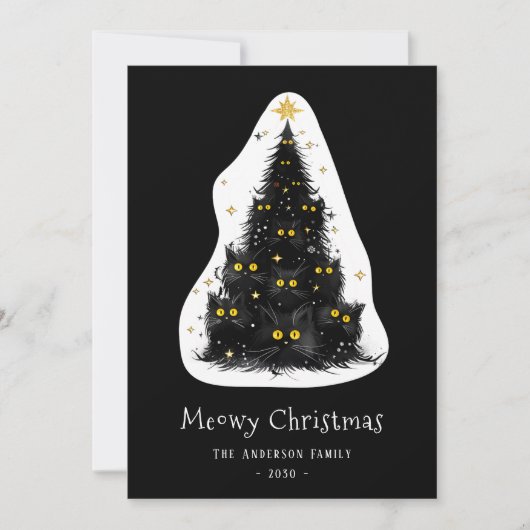 Zwarte kat Meowy kerstboom Feestdagenkaart (Voorkant)