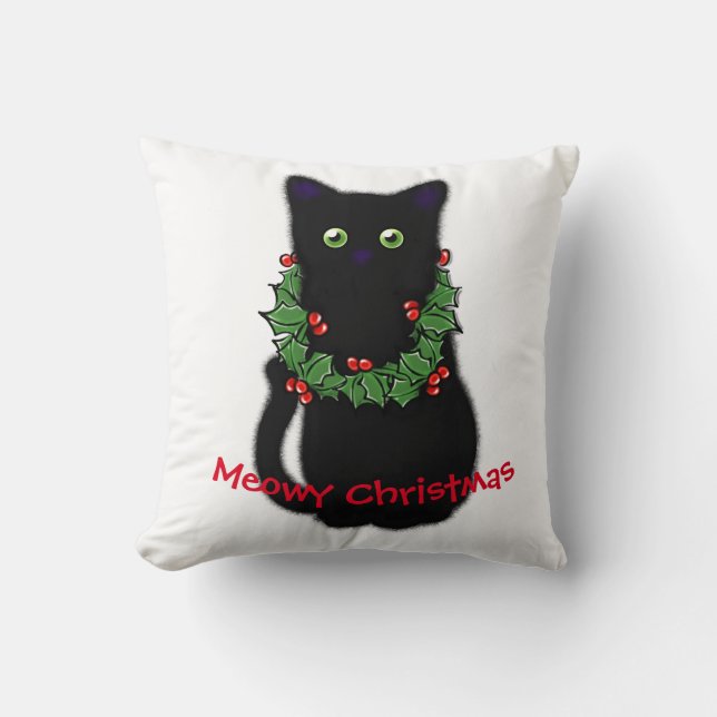 Zwarte kat | Meowy Kerstmis | Holly garland Kussen (Voorkant)