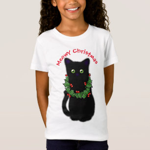 Zwarte kat Meowy Kerstmis Holly garland T-shirt