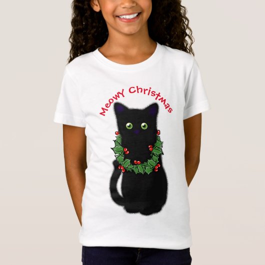 Zwarte kat | Meowy Kerstmis | Holly garland T-shirt (Voorkant)
