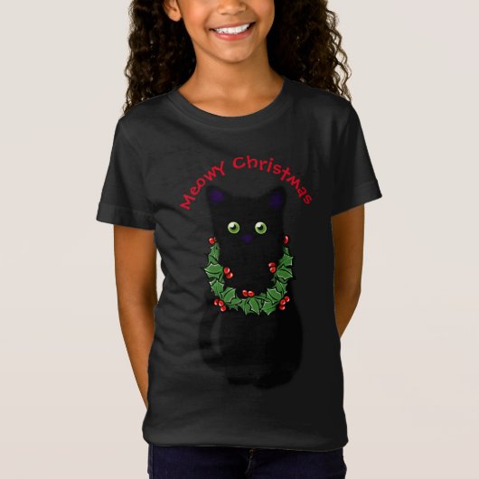 Zwarte kat | Meowy Kerstmis | Holly garland T-shirt (Voorkant)