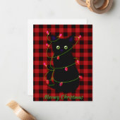 Zwarte kat | Meowy Kerstmis | Kronkellicht Notitiekaartje (Voorkant / Achterkant in situ)