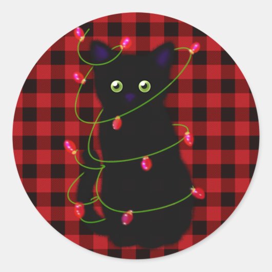 Zwarte kat | Meowy Kerstmis | Kronkellicht Ronde Sticker (Voorkant)