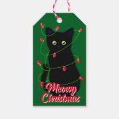 Zwarte kat Meowy Kerstmis twinkle lichten Cadeaulabel (Voorkant)