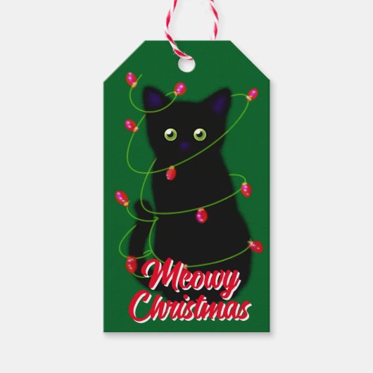 Zwarte kat Meowy Kerstmis twinkle lichten Cadeaulabel (Voorkant)