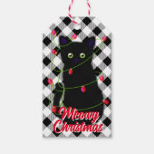 Zwarte kat Meowy Kerstmis twinkle lichten gingham Cadeaulabel (Voorkant)