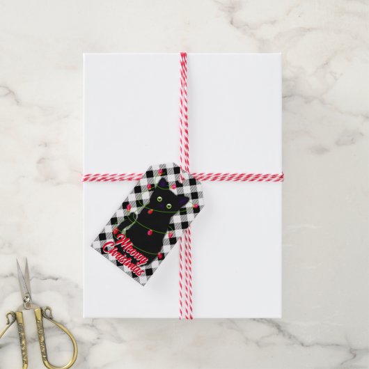 Zwarte kat Meowy Kerstmis twinkle lichten gingham Cadeaulabel (Met Touw)