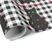 Zwarte kat Meowy Kerstmis twinkle lichten gingham Cadeaupapier (Rol Hoek)