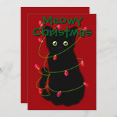 Zwarte kat Meowy Kerstmis twinkle lichten gingham Feestdagenkaart (Voorkant / Achterkant)