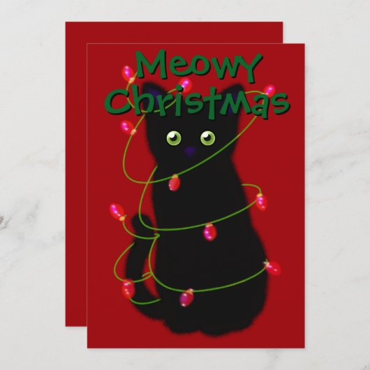 Zwarte kat Meowy Kerstmis twinkle lichten gingham Feestdagenkaart (Voorkant / Achterkant)