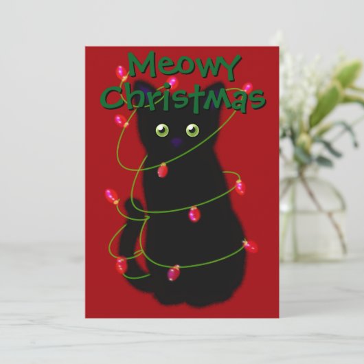 Zwarte kat Meowy Kerstmis twinkle lichten gingham Feestdagenkaart (Staand voorkant)
