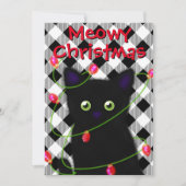 Zwarte kat Meowy Kerstmis twinkle lichten gingham Feestdagenkaart (Voorkant)