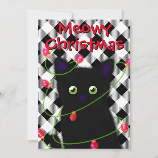 Zwarte kat Meowy Kerstmis twinkle lichten gingham Feestdagenkaart (Voorkant)