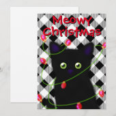 Zwarte kat Meowy Kerstmis twinkle lichten gingham Feestdagenkaart (Voorkant / Achterkant)