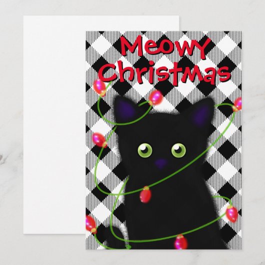 Zwarte kat Meowy Kerstmis twinkle lichten gingham Feestdagenkaart (Voorkant / Achterkant)