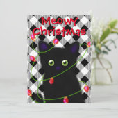 Zwarte kat Meowy Kerstmis twinkle lichten gingham Feestdagenkaart (Staand voorkant)