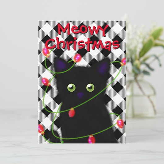 Zwarte kat Meowy Kerstmis twinkle lichten gingham Feestdagenkaart (Staand voorkant)
